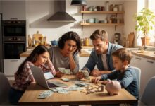 Worried family managing bills and budget at home with piggy bank and coins.