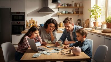 Worried family managing bills and budget at home with piggy bank and coins.