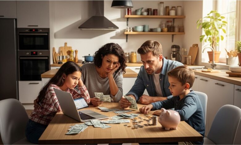 Worried family managing bills and budget at home with piggy bank and coins.