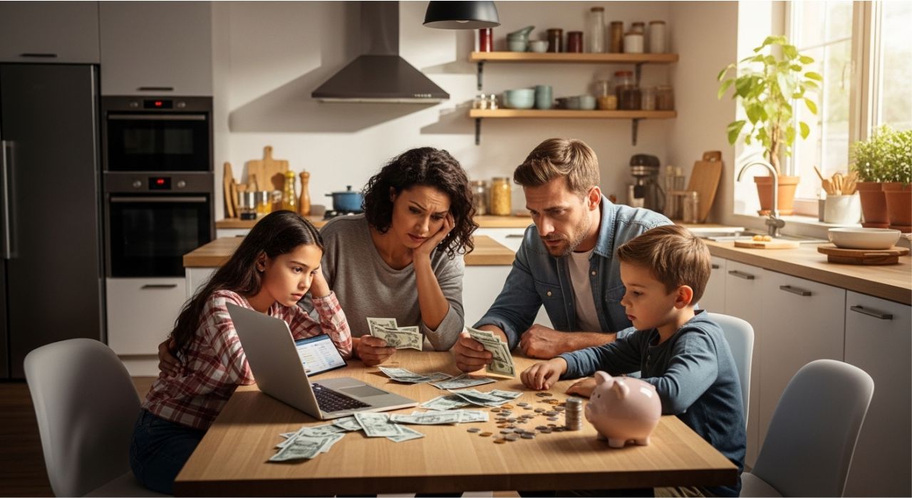 Worried family managing bills and budget at home with piggy bank and coins.