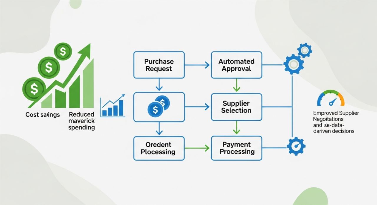 Illustration showing cost reduction and efficiency benefits of procurement software with automated workflows.
