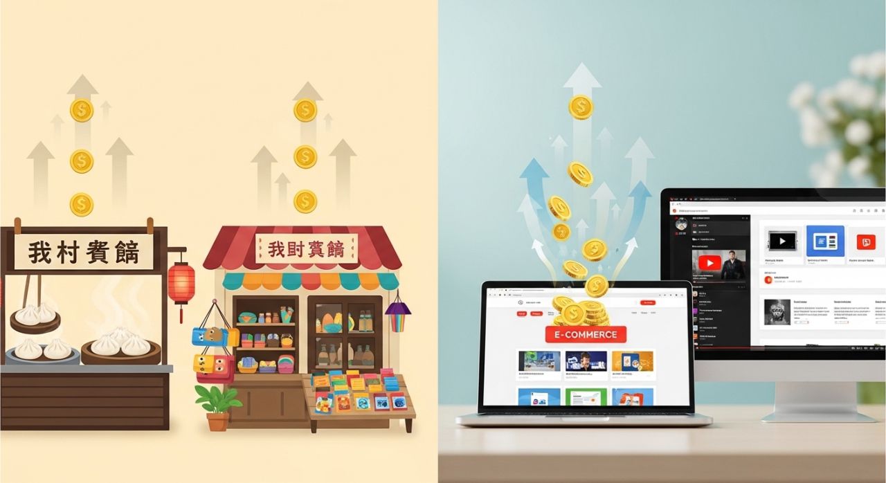 Illustration of small offline and online businesses with coins and arrows showing low-risk, high-return investment ideas.
