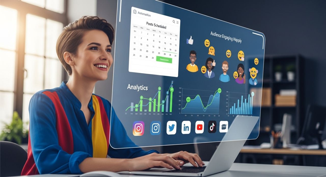 Marketer using social media automation wisely, with engaged audience and positive analytics, showing best practices.