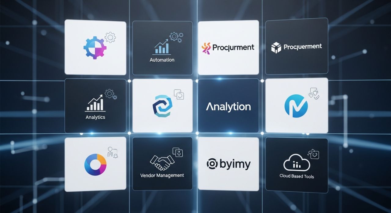 Comparison grid of top 10 procurement software platforms with features like automation, vendor management, and analytics.