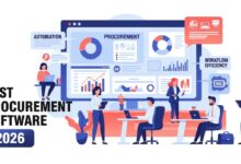 Illustration of business team using procurement software with dashboards, charts, and workflow automation for efficiency.