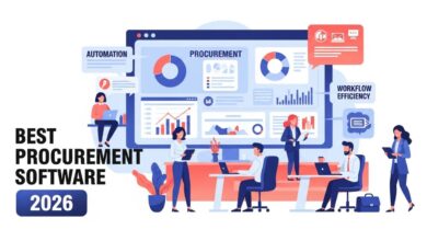 Illustration of business team using procurement software with dashboards, charts, and workflow automation for efficiency.