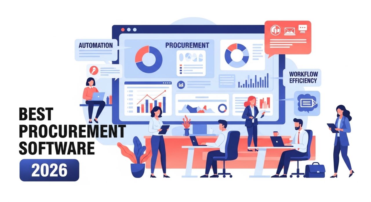 Illustration of business team using procurement software with dashboards, charts, and workflow automation for efficiency.