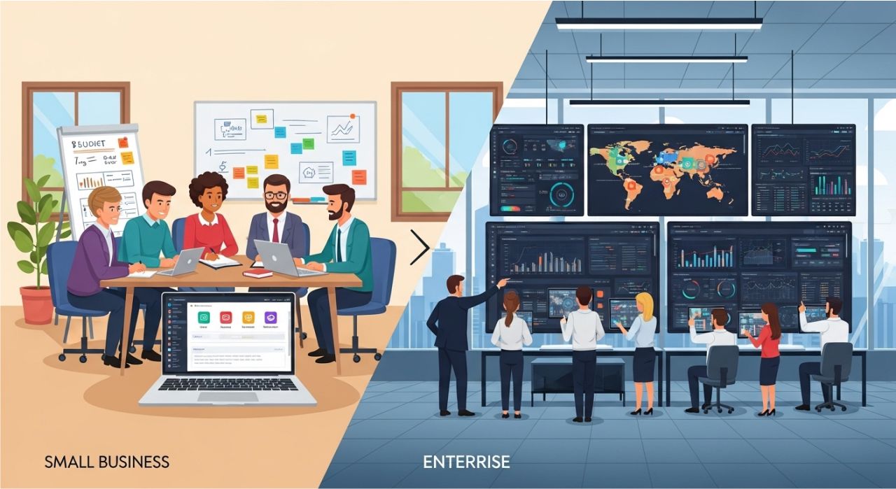 Illustration comparing procurement software use for small businesses vs large enterprises.