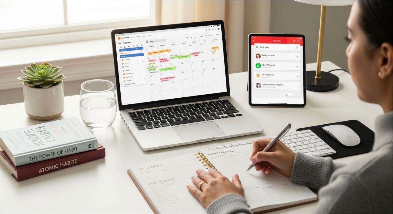 Illustration of daily habits like morning planning and habit stacking to escape the procrastination cycle and boost focus.