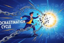 Illustration of a person breaking free from the procrastination cycle, symbolizing focus, productivity, and overcoming task avoidance.