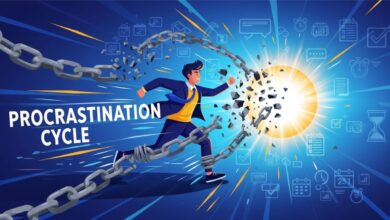 Illustration of a person breaking free from the procrastination cycle, symbolizing focus, productivity, and overcoming task avoidance.