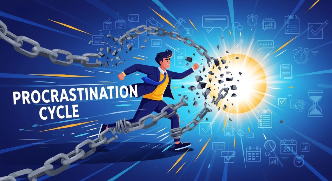 Illustration of a person breaking free from the procrastination cycle, symbolizing focus, productivity, and overcoming task avoidance.