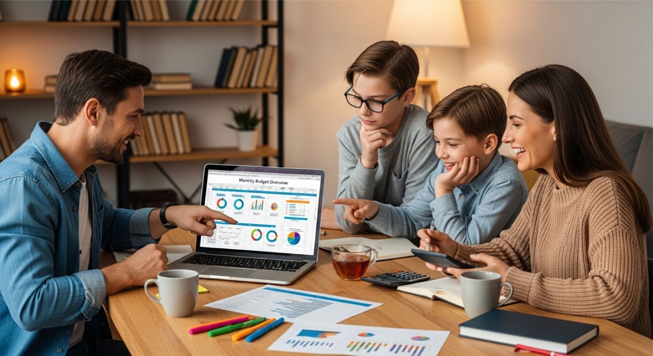 Family reviewing and adjusting monthly budget together at home.
