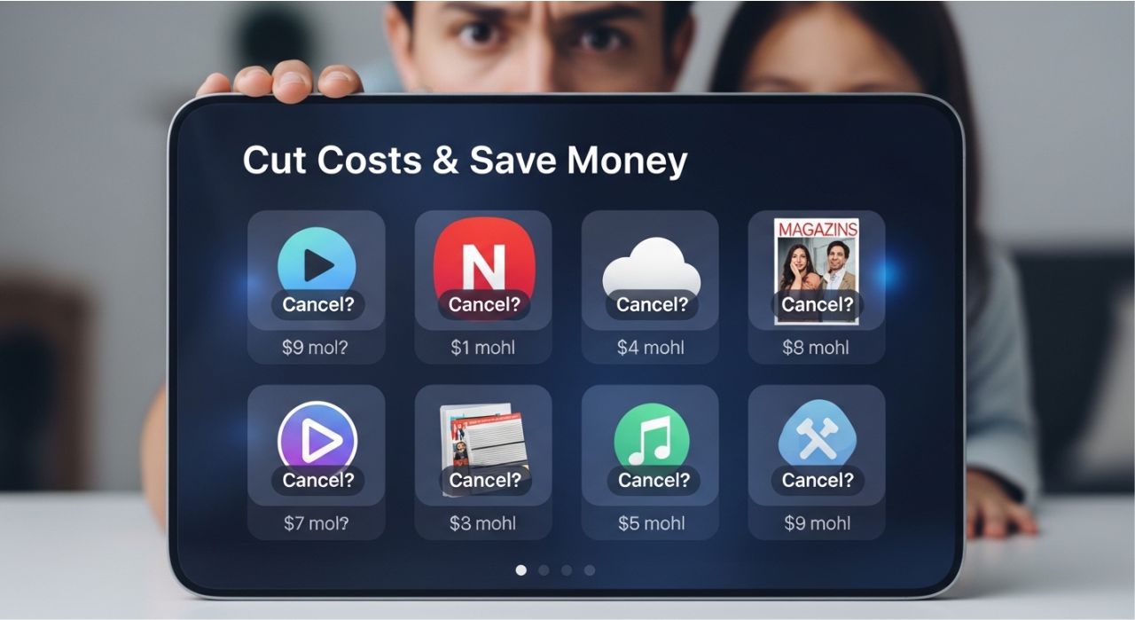 Family reviewing unnecessary subscriptions on a tablet to save money.