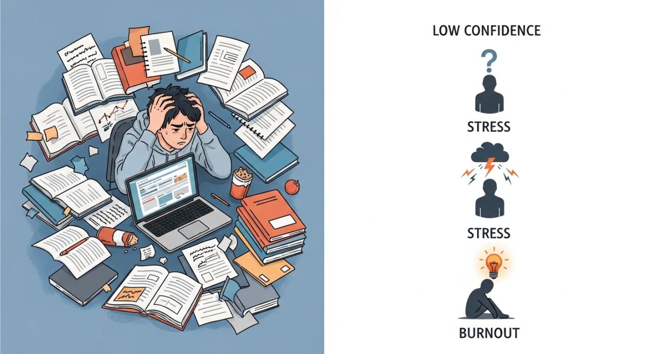 Visual showing how the procrastination cycle reduces productivity and focus, causing stress, burnout, and low confidence.