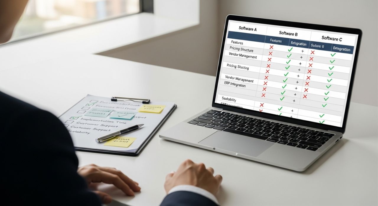 Professional comparing procurement software features, pricing, and integrations for business decisions.
