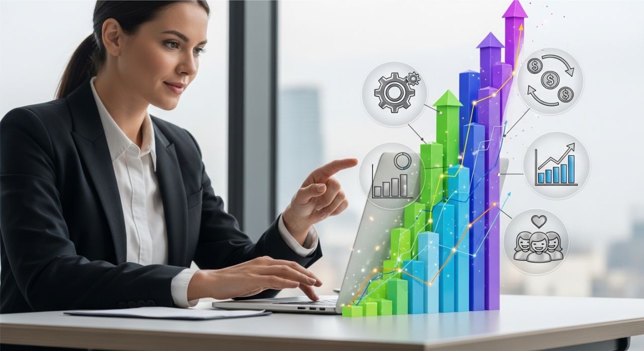 Business owner analyzing charts and graphs to maximize profits in smart business investment.