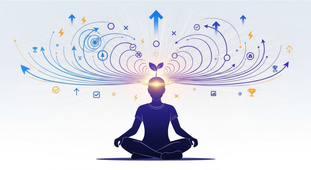 Illustration showing a person resetting their productivity mindset, improving focus, and staying consistent to overcome procrastination.