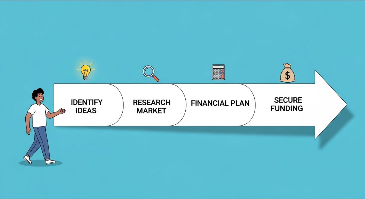 Step-by-step roadmap with icons showing how to start business investment for beginners.