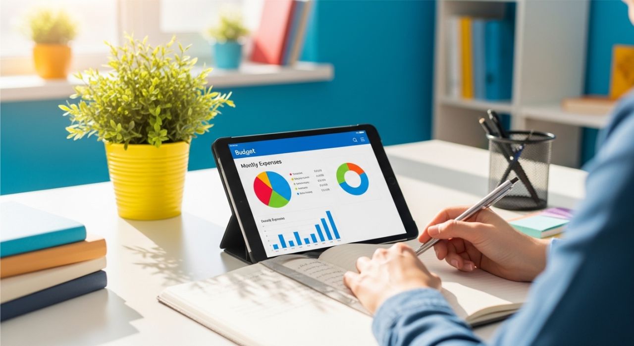 Parent creating a detailed family budget using notebook and budgeting app.