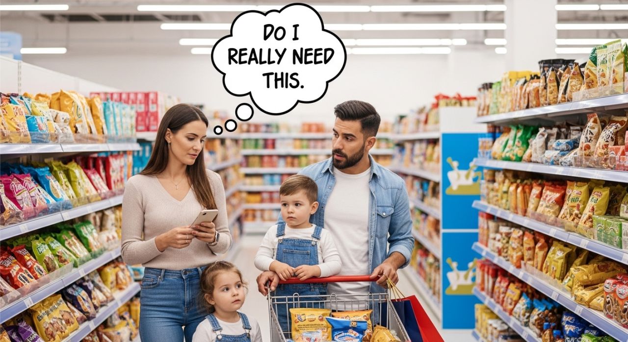 Family avoiding impulse purchases while shopping to stick to budget.