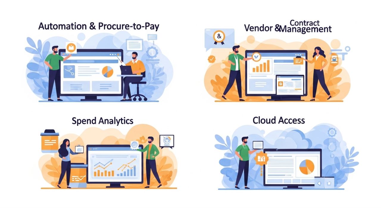 Visual of procurement software key features: automation, vendor management, spend analytics, and cloud accessibility.