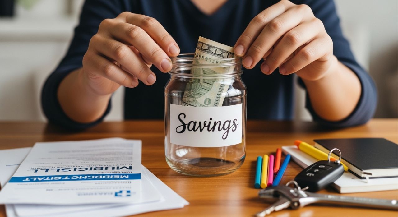 Parent saving money for emergencies to avoid unexpected expenses.