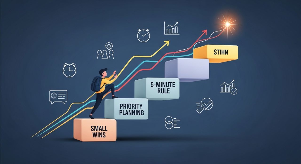 Illustration showing strategies to break the procrastination cycle, including small wins, the 5-minute rule, and priority planning.