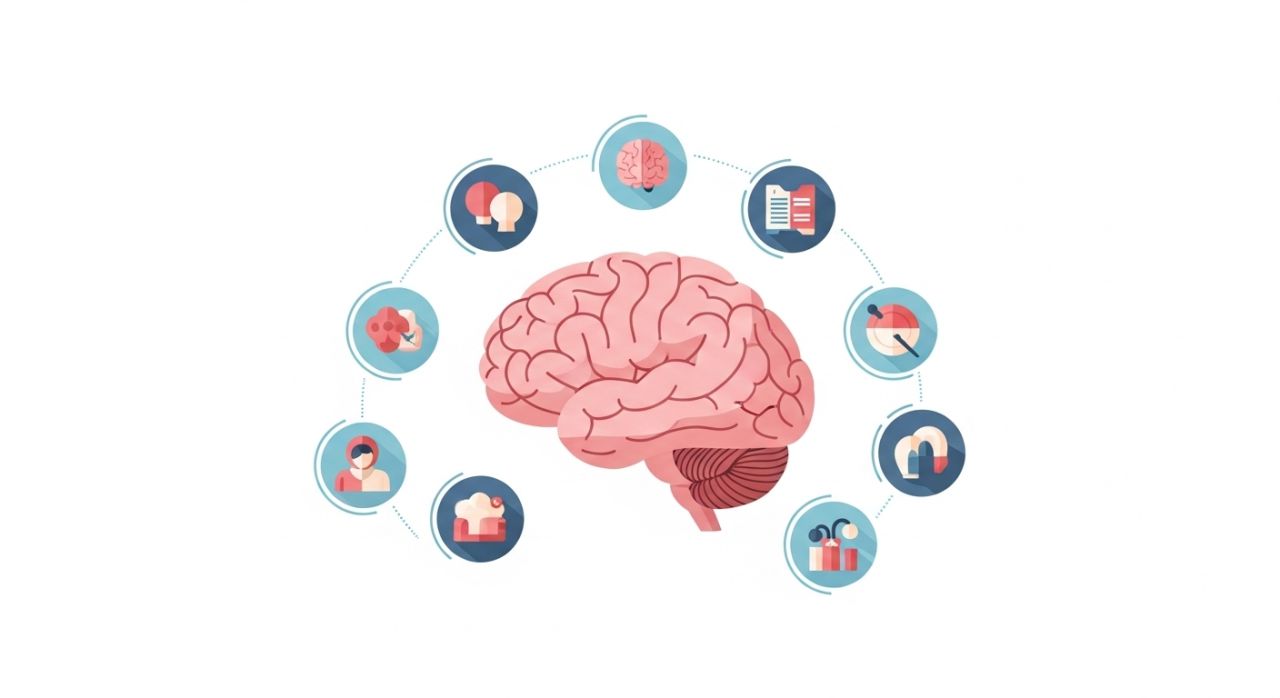 Illustration of the brain highlighting psychological reasons behind the procrastination cycle, including fear, self-doubt, and cognitive overload.