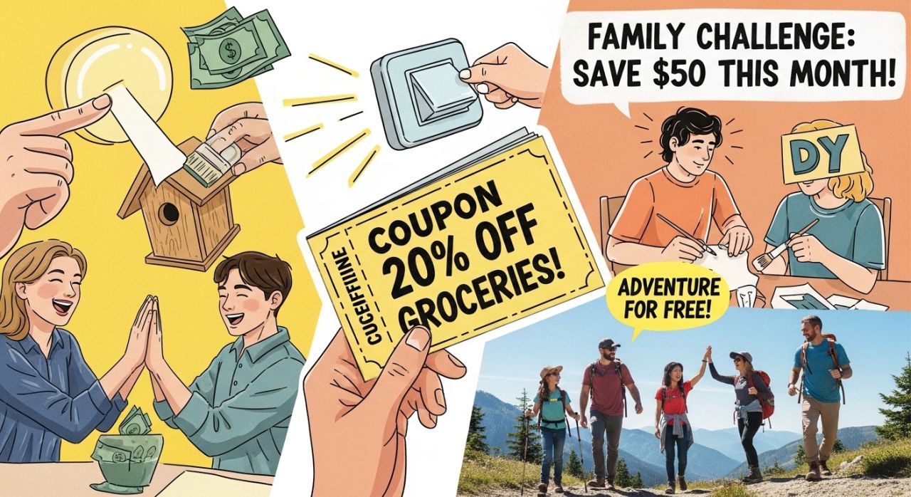 Family practicing quick money-saving tips like coupons, DIY, and energy-saving.