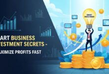 Young entrepreneur holding lightbulb with coins, charts, and growth icons representing smart business investment.