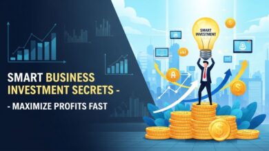 Young entrepreneur holding lightbulb with coins, charts, and growth icons representing smart business investment.