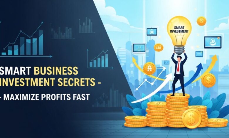 Young entrepreneur holding lightbulb with coins, charts, and growth icons representing smart business investment.