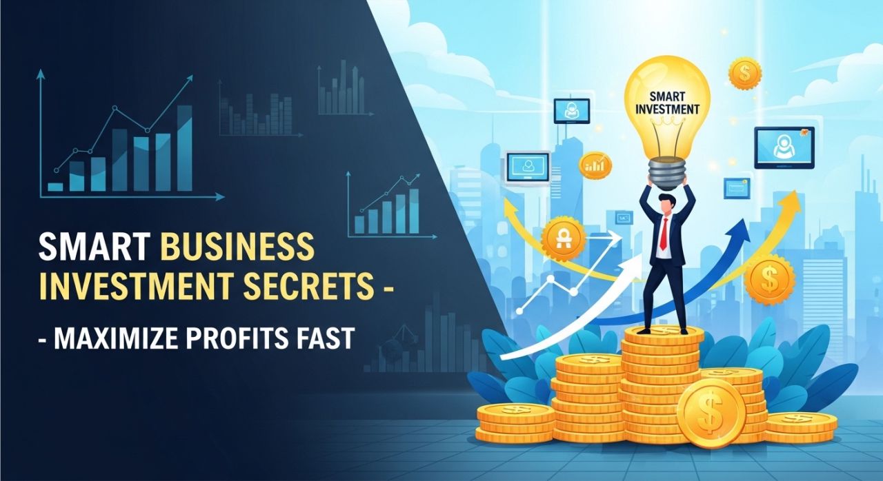 Young entrepreneur holding lightbulb with coins, charts, and growth icons representing smart business investment.