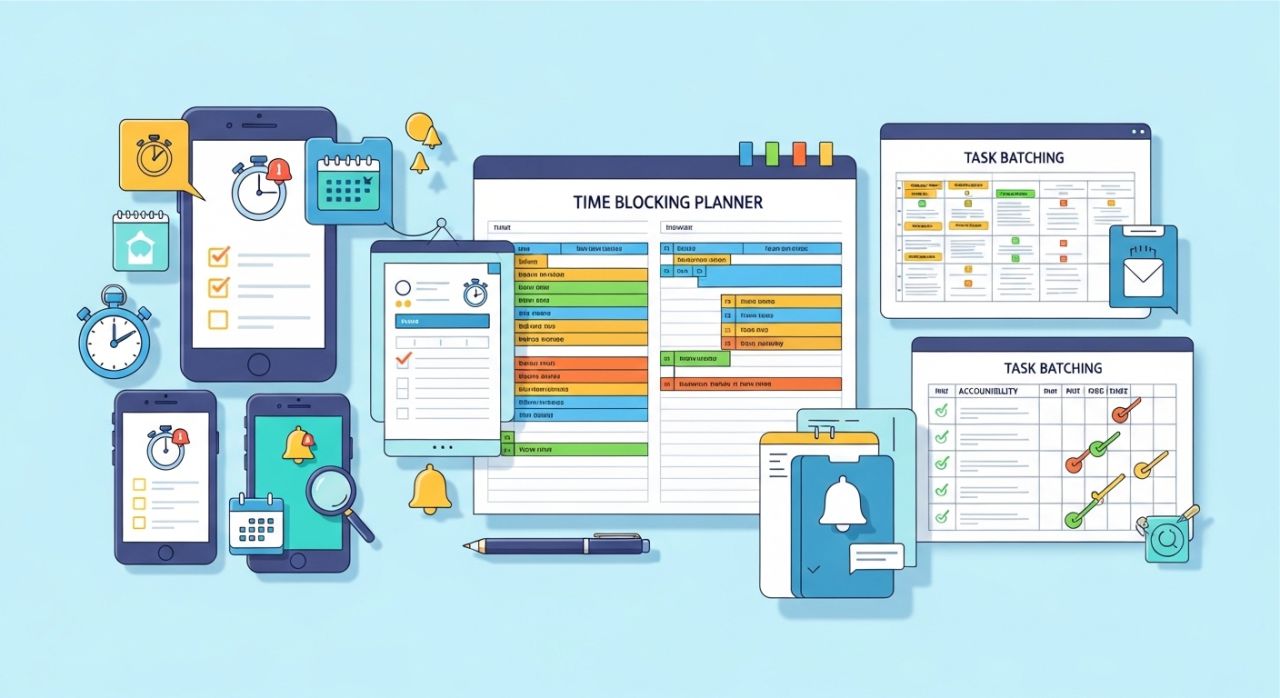 Visual of productivity tools such as time-blocking, task batching, and digital apps to overcome the procrastination cycle.