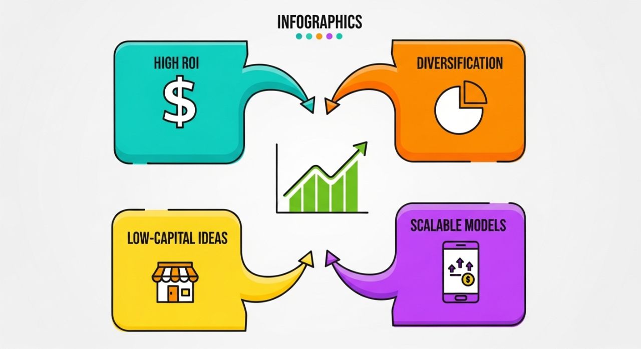 Infographic showing high ROI, diversification, low-capital ideas, and scalable models for smart business investment.