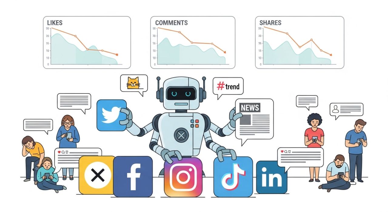 Robot posting on social media platforms with users ignoring content, showing the impact of social media automation mistakes.