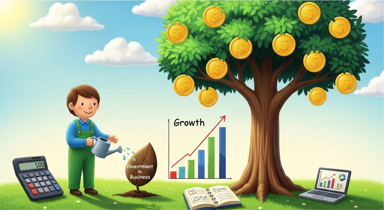 Seed growing into a money tree with charts and tools symbolizing business investment growth.