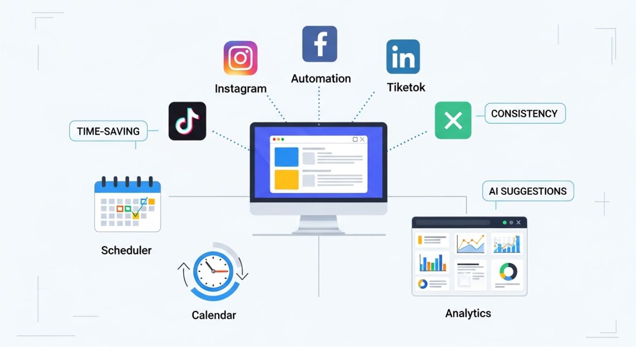 Graphic showing social media automation tools connecting multiple platforms with scheduling and analytics features.