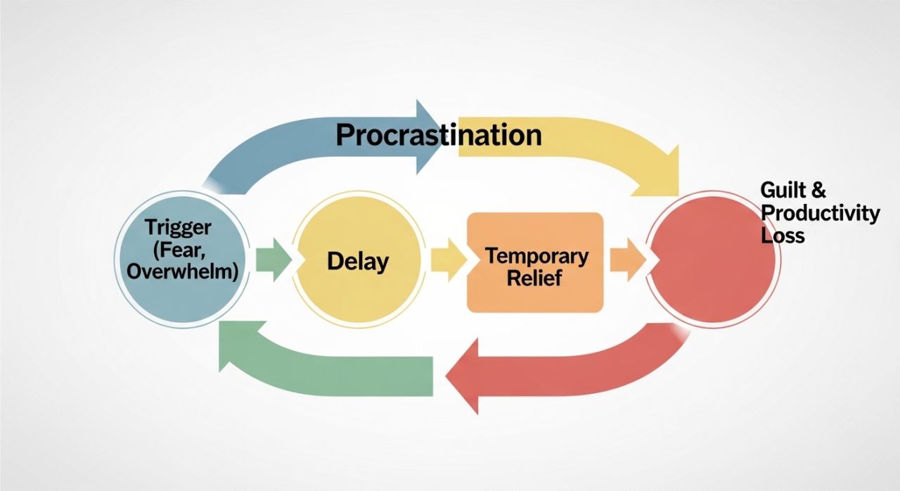 Infographic showing the 4 stages of the procrastination cycle, including delay, temporary relief, and guilt, to explain its toxic effects.