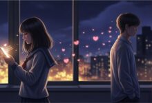 Romantic couple separated emotionally at night with glowing love message creating deep longing and emotional connection.