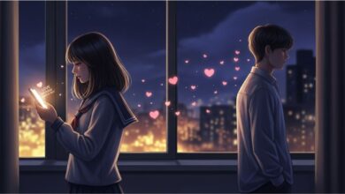 Romantic couple separated emotionally at night with glowing love message creating deep longing and emotional connection.