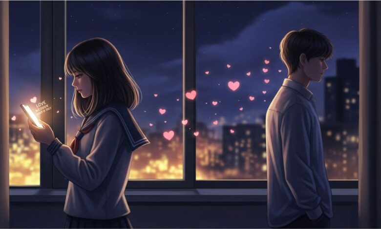 Romantic couple separated emotionally at night with glowing love message creating deep longing and emotional connection.