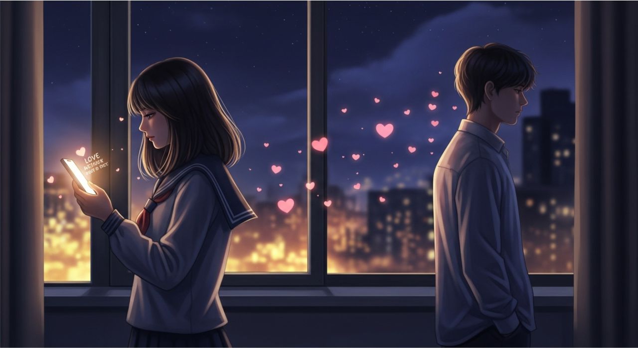 Romantic couple separated emotionally at night with glowing love message creating deep longing and emotional connection.