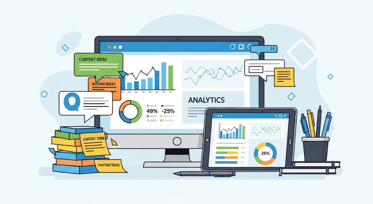 "Content creator planning a high-converting content calendar with tools and charts."