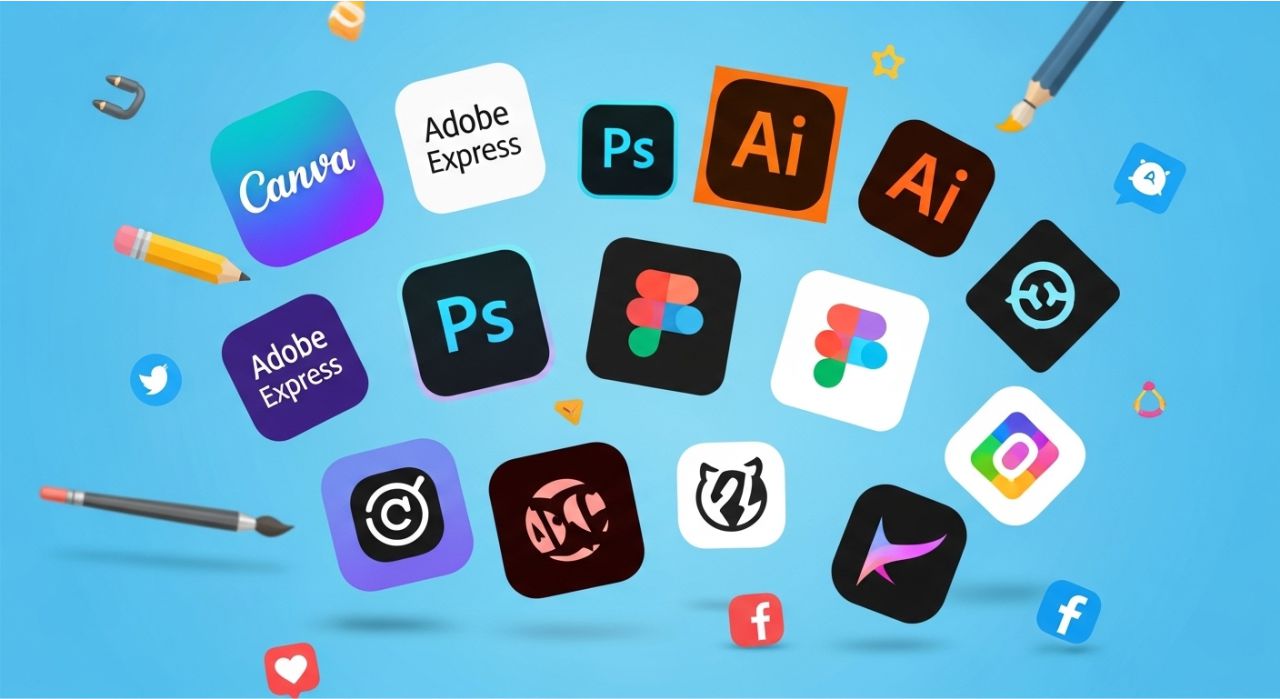 Collage of 15 top design app icons showcasing tools for beginners and professionals to boost design skills.