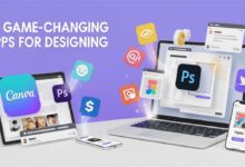 Colorful workspace showing laptop, tablet, and smartphone with design apps and creative icons for beginner and professional designers.