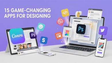 Colorful workspace showing laptop, tablet, and smartphone with design apps and creative icons for beginner and professional designers.