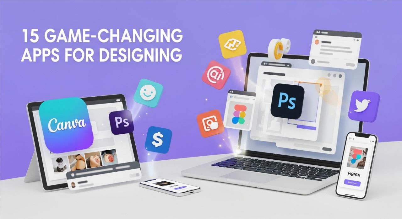 Colorful workspace showing laptop, tablet, and smartphone with design apps and creative icons for beginner and professional designers.