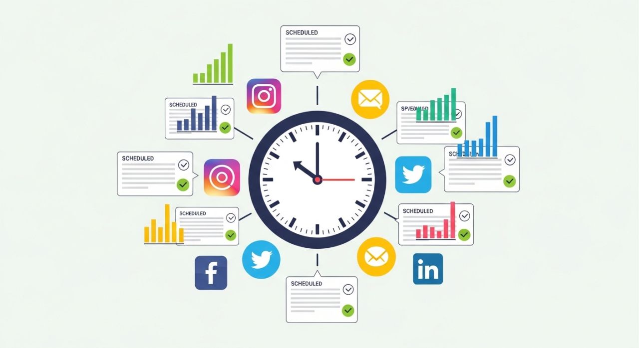 "Visual showing the best time to post content with clocks and social media icons for maximum reach."